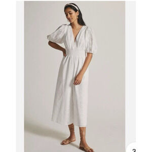 Anthropologie Hutch Smoked Eyelet Jumpsuit M White Wide Leg Puff Sleeve Boho